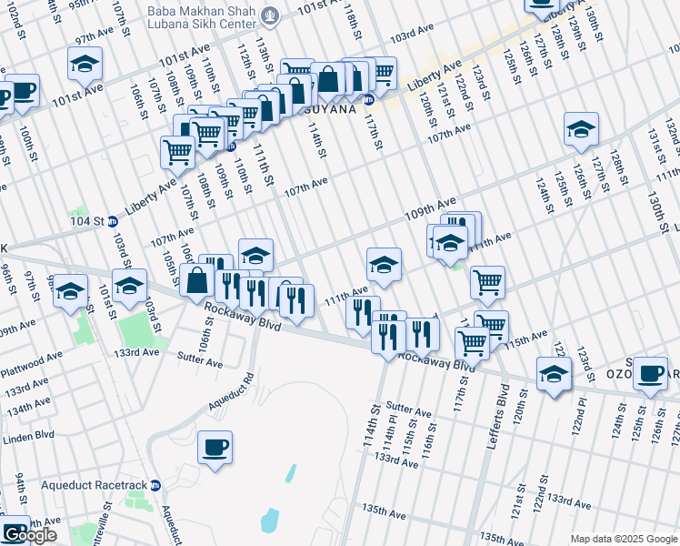 map of restaurants, bars, coffee shops, grocery stores, and more near 109-28 113th Street in Queens