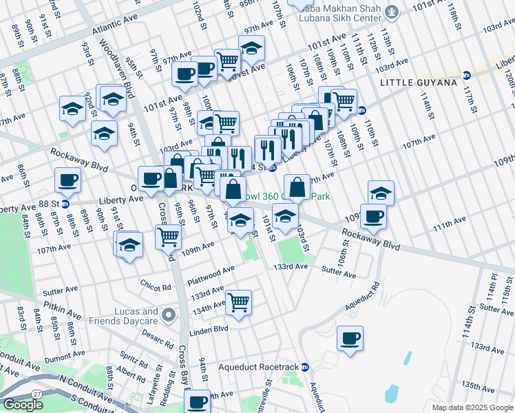 map of restaurants, bars, coffee shops, grocery stores, and more near 100-07 Rockaway Boulevard in Queens