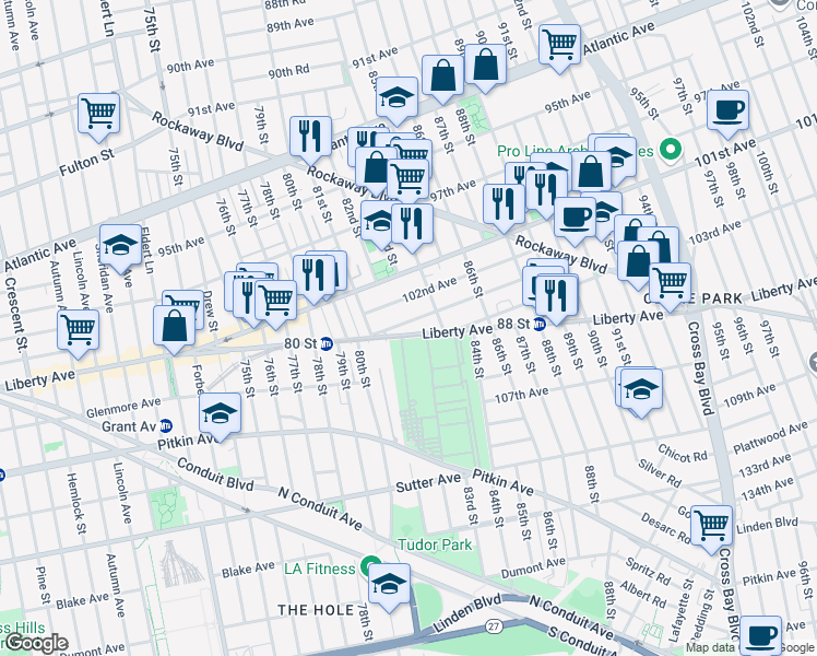 map of restaurants, bars, coffee shops, grocery stores, and more near 81-49 102nd Road in Queens