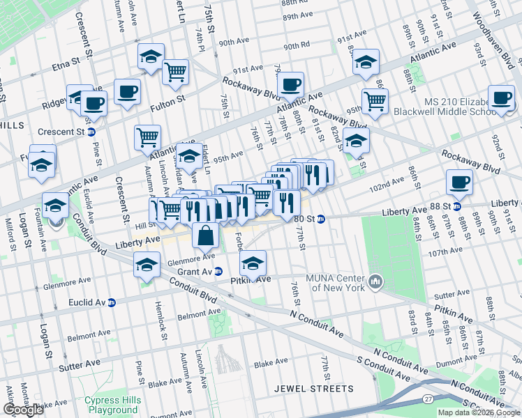 map of restaurants, bars, coffee shops, grocery stores, and more near 97-39 Drew Street in Queens