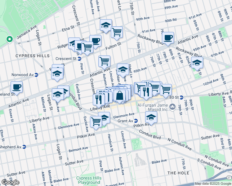map of restaurants, bars, coffee shops, grocery stores, and more near 108 Sheridan Avenue in Brooklyn
