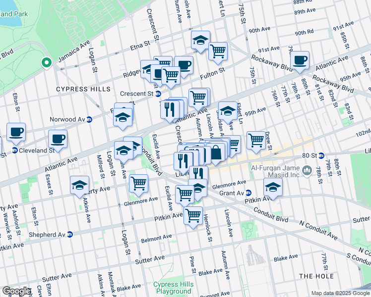 map of restaurants, bars, coffee shops, grocery stores, and more near 124 Weldon Street in Brooklyn