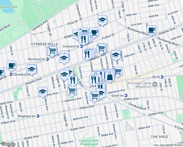 map of restaurants, bars, coffee shops, grocery stores, and more near 82 Weldon Street in Brooklyn