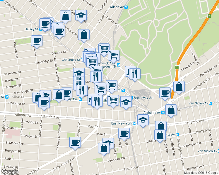 map of restaurants, bars, coffee shops, grocery stores, and more near in Brooklyn