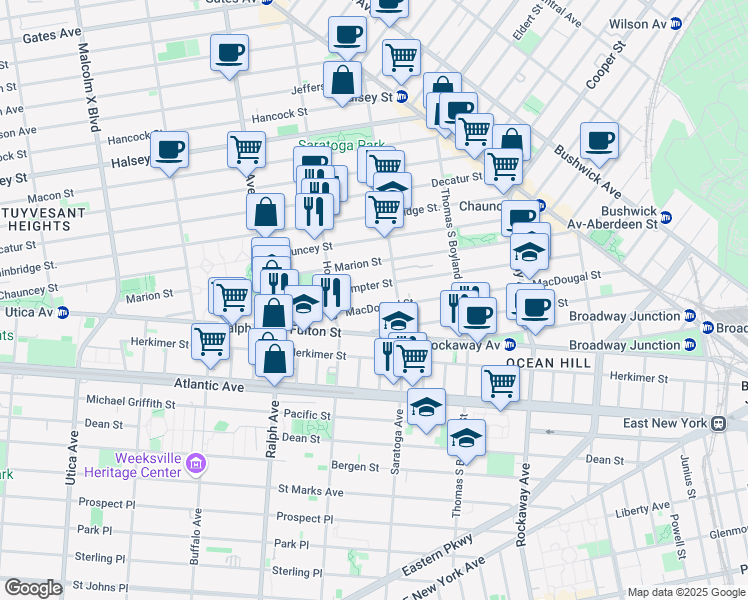 map of restaurants, bars, coffee shops, grocery stores, and more near 184 Saratoga Avenue in Brooklyn