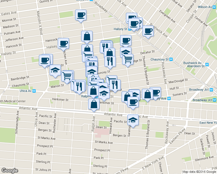 map of restaurants, bars, coffee shops, grocery stores, and more near 128 Sumpter Street in Brooklyn