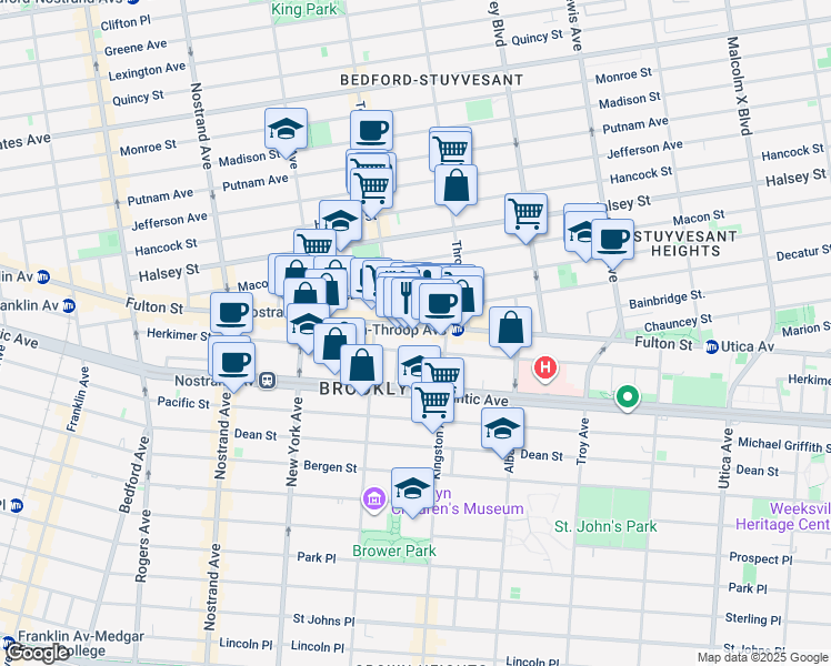 map of restaurants, bars, coffee shops, grocery stores, and more near 1471 Fulton Street in Brooklyn