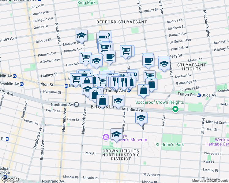 map of restaurants, bars, coffee shops, grocery stores, and more near 1471 Fulton Street in Brooklyn