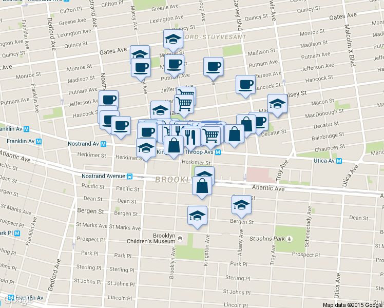 map of restaurants, bars, coffee shops, grocery stores, and more near 1471 Fulton Street in Brooklyn