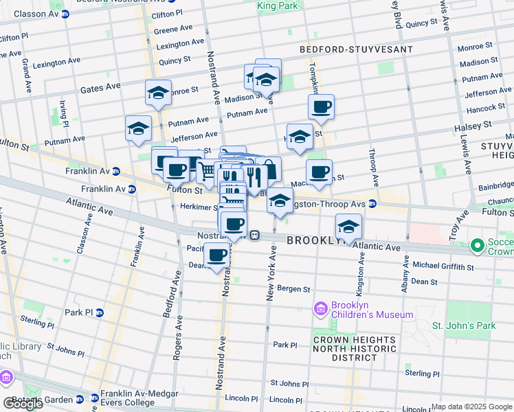 map of restaurants, bars, coffee shops, grocery stores, and more near 1310 Fulton Street in Brooklyn