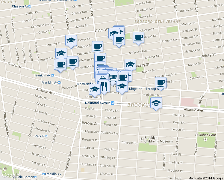 map of restaurants, bars, coffee shops, grocery stores, and more near 1310 Fulton Street in Brooklyn