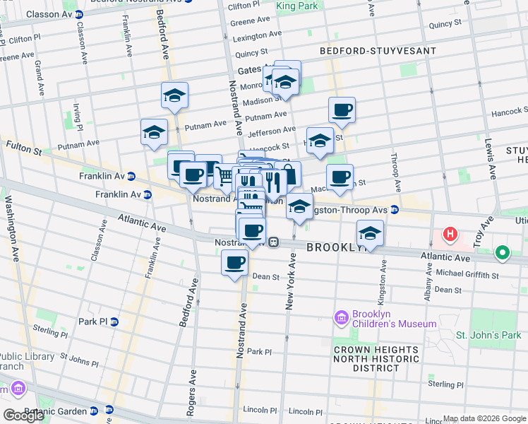 map of restaurants, bars, coffee shops, grocery stores, and more near 1310 Fulton Street in Brooklyn