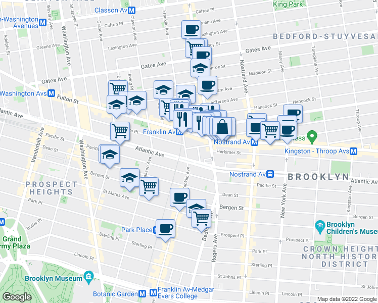 map of restaurants, bars, coffee shops, grocery stores, and more near 22 Brevoort Place in Brooklyn