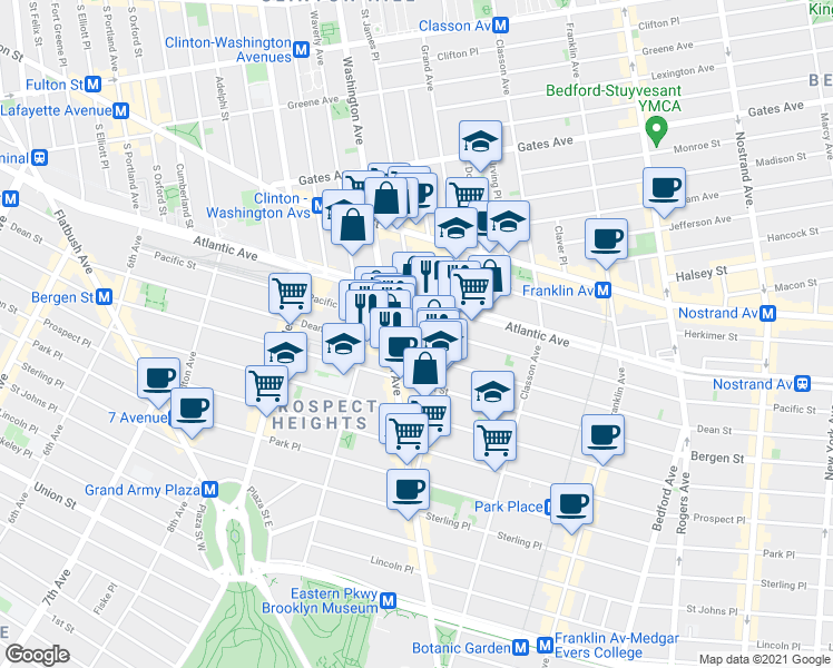 map of restaurants, bars, coffee shops, grocery stores, and more near 599 Washington Avenue in Brooklyn