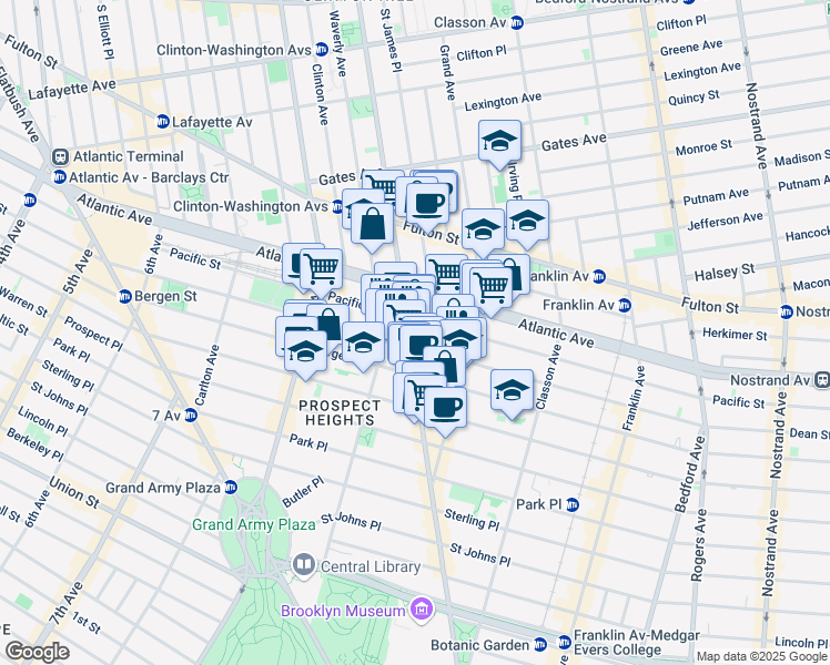 map of restaurants, bars, coffee shops, grocery stores, and more near 599 Washington Avenue in Brooklyn
