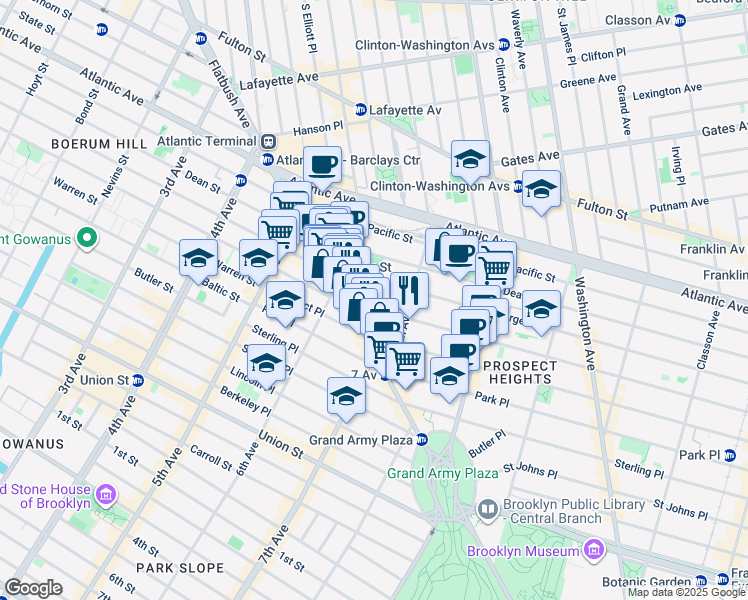 map of restaurants, bars, coffee shops, grocery stores, and more near 542 Bergen Street in Brooklyn