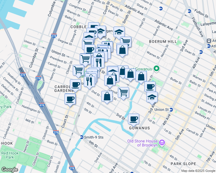 map of restaurants, bars, coffee shops, grocery stores, and more near 327 Hoyt Street in Brooklyn