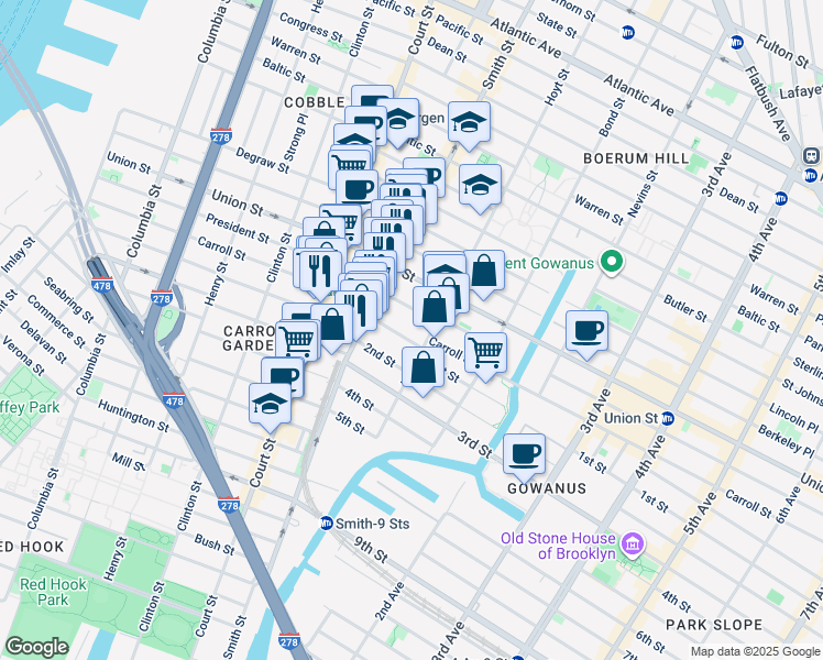map of restaurants, bars, coffee shops, grocery stores, and more near 281 Carroll Street in Brooklyn
