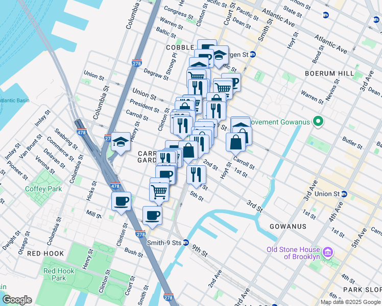 map of restaurants, bars, coffee shops, grocery stores, and more near 398 Court Street in Brooklyn