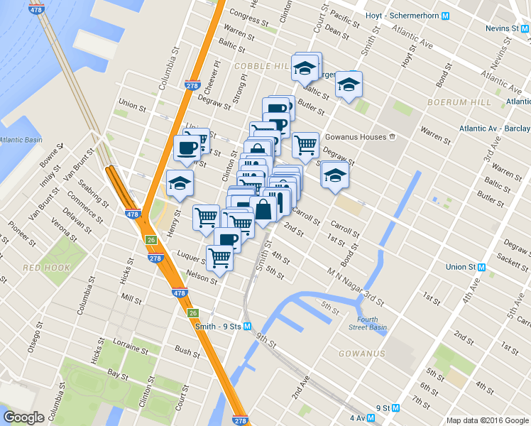 map of restaurants, bars, coffee shops, grocery stores, and more near 398 Court Street in Brooklyn
