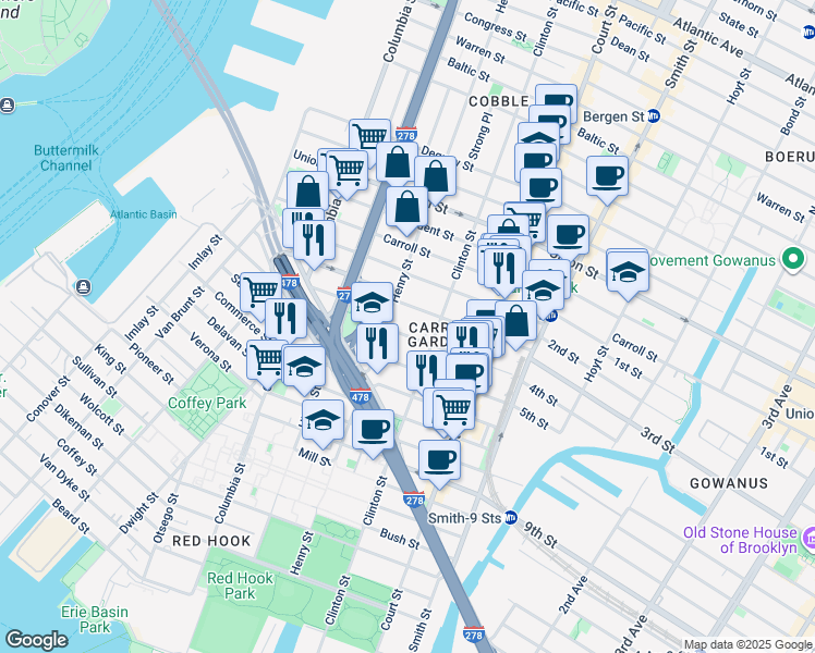 map of restaurants, bars, coffee shops, grocery stores, and more near 619 Henry Street in Brooklyn
