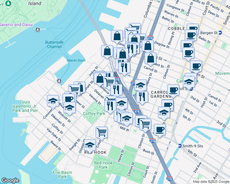 map of restaurants, bars, coffee shops, grocery stores, and more near 15 Seabring Street in Brooklyn