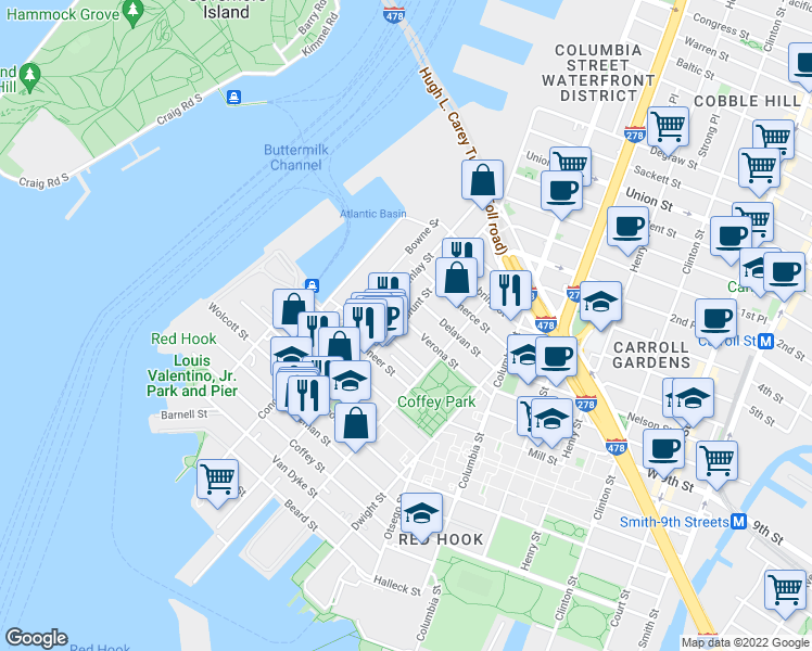 map of restaurants, bars, coffee shops, grocery stores, and more near 276 Van Brunt Street in Brooklyn