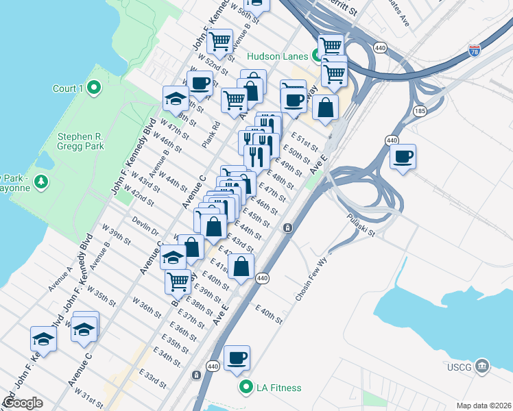 map of restaurants, bars, coffee shops, grocery stores, and more near 27 East 46th Street in Bayonne