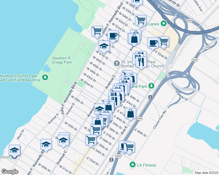 map of restaurants, bars, coffee shops, grocery stores, and more near 942 Avenue C in Bayonne