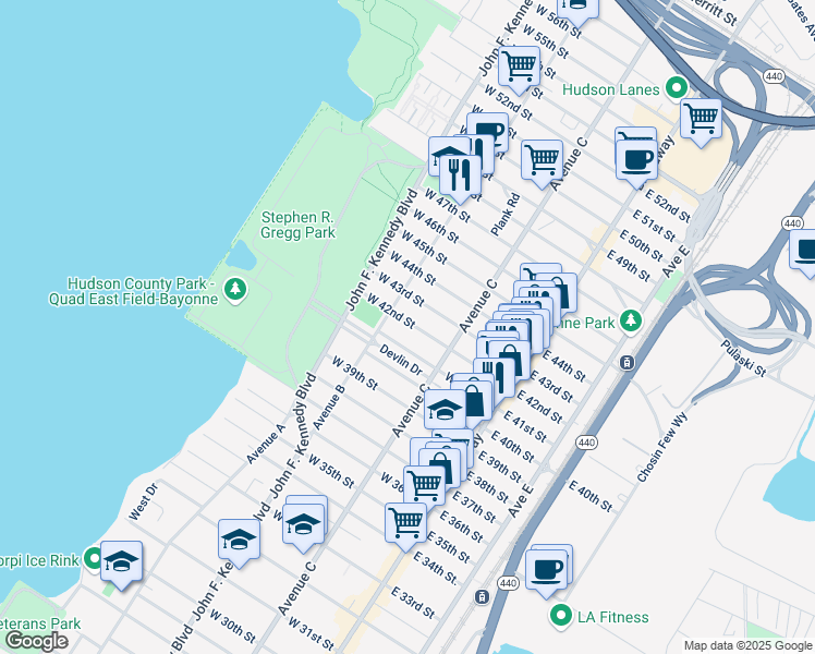 map of restaurants, bars, coffee shops, grocery stores, and more near 102 West 42nd Street in Bayonne