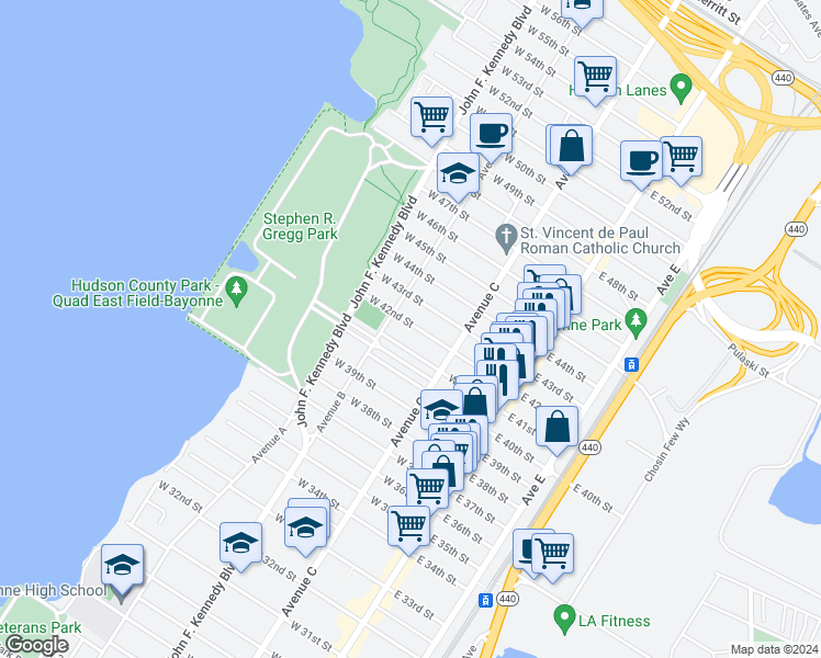 map of restaurants, bars, coffee shops, grocery stores, and more near 102 West 42nd Street in Bayonne