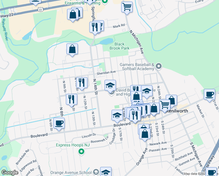 map of restaurants, bars, coffee shops, grocery stores, and more near 207 North 16th Street in Kenilworth