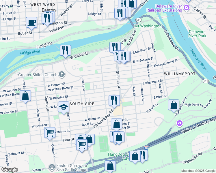 map of restaurants, bars, coffee shops, grocery stores, and more near 263 West Kleinhans Street in Easton