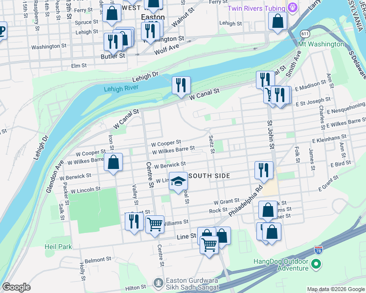 map of restaurants, bars, coffee shops, grocery stores, and more near 467 West Wilkes Barre Street in Easton