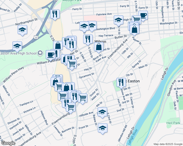 map of restaurants, bars, coffee shops, grocery stores, and more near 2307 Sycamore Street in Easton