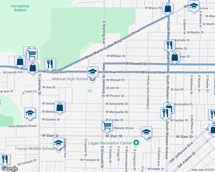 map of restaurants, bars, coffee shops, grocery stores, and more near 804-898 South Griswold Street in Peoria