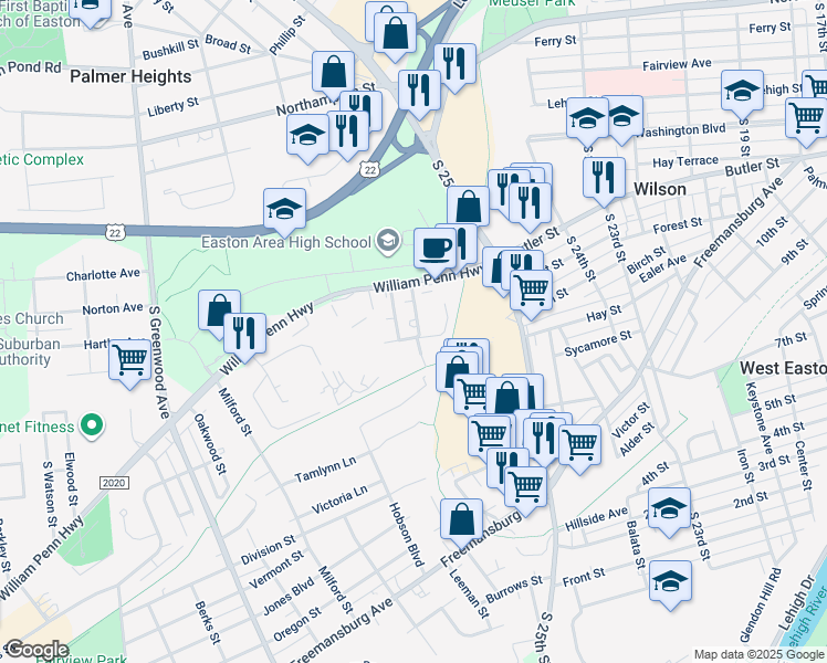 map of restaurants, bars, coffee shops, grocery stores, and more near 635 South 27th Street in Easton