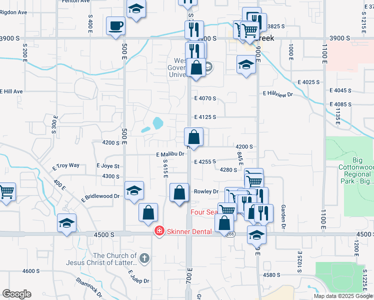 map of restaurants, bars, coffee shops, grocery stores, and more near 4212 Utah 71 in Millcreek
