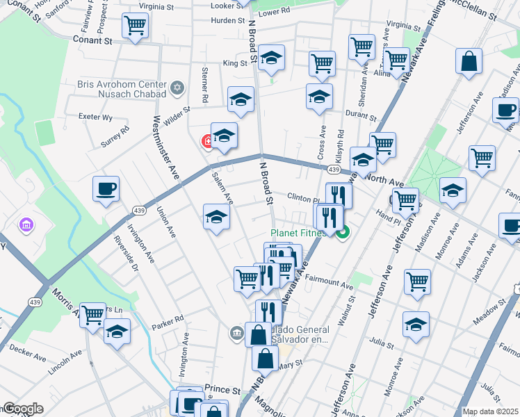 map of restaurants, bars, coffee shops, grocery stores, and more near 712 North Broad Street in Elizabeth