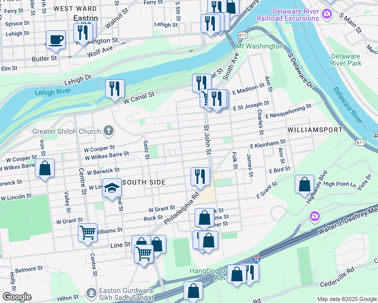 map of restaurants, bars, coffee shops, grocery stores, and more near 263 West Kleinhans Street in Easton