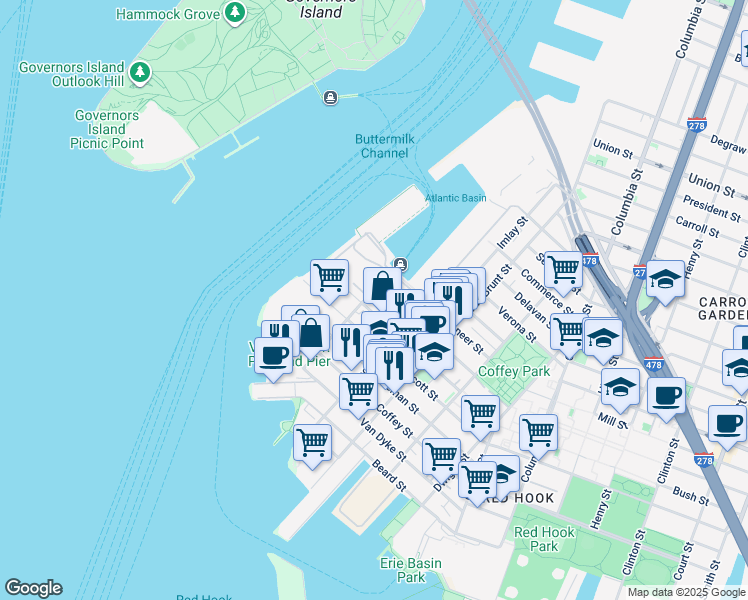 map of restaurants, bars, coffee shops, grocery stores, and more near 2341 Ferris Street in Brooklyn