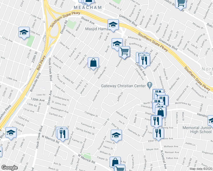 map of restaurants, bars, coffee shops, grocery stores, and more near 1049 Hunter Avenue in Valley Stream