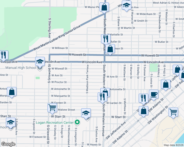 map of restaurants, bars, coffee shops, grocery stores, and more near 2007 West Ann Street in Peoria