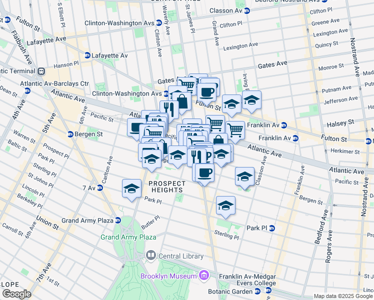 map of restaurants, bars, coffee shops, grocery stores, and more near 40 Underhill Avenue in Brooklyn