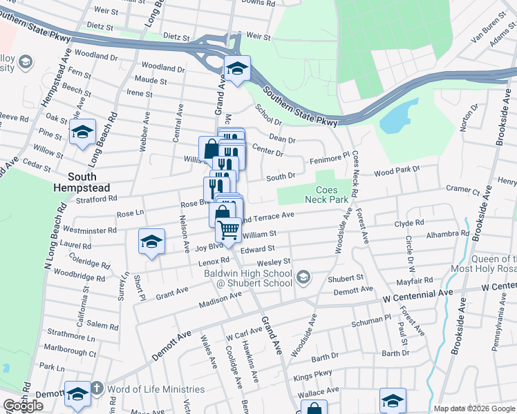 map of restaurants, bars, coffee shops, grocery stores, and more near 1266 Village Avenue in Baldwin
