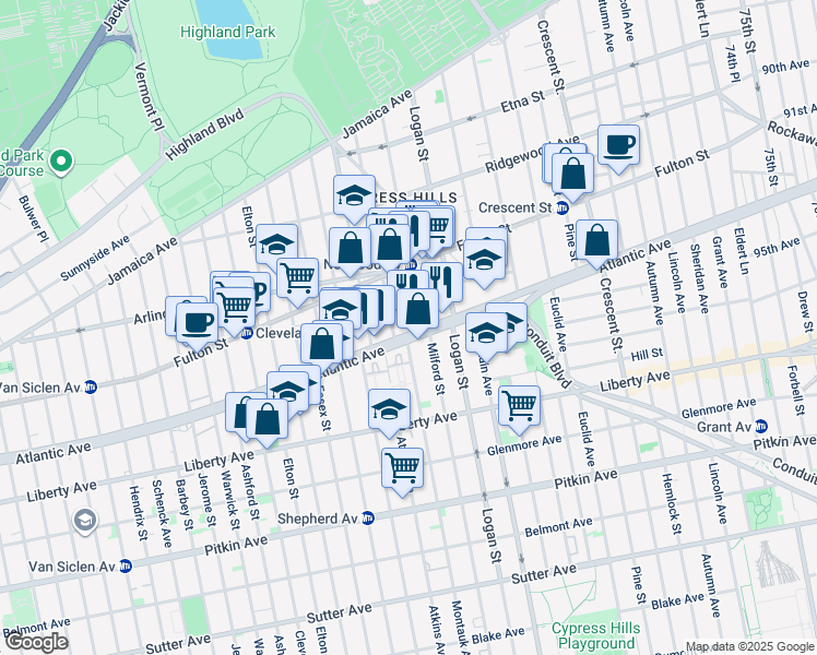 map of restaurants, bars, coffee shops, grocery stores, and more near 215 Hale Avenue in Brooklyn
