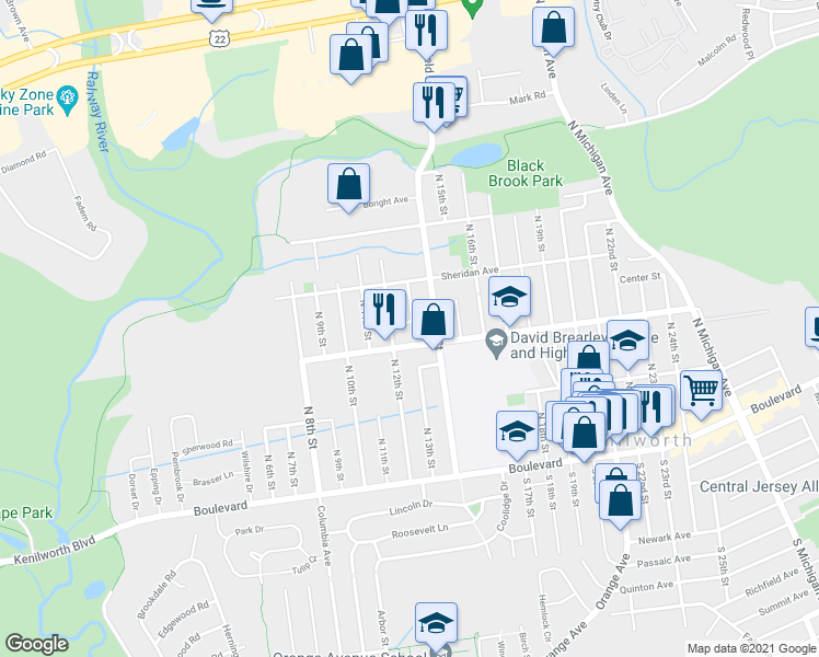 map of restaurants, bars, coffee shops, grocery stores, and more near 353 Halsey Street in Kenilworth