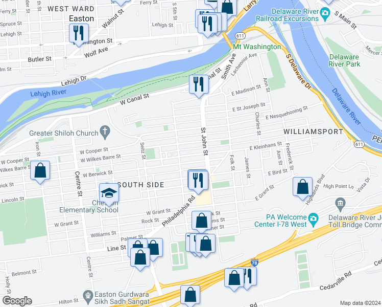 map of restaurants, bars, coffee shops, grocery stores, and more near 251 West Kleinhans Street in Easton