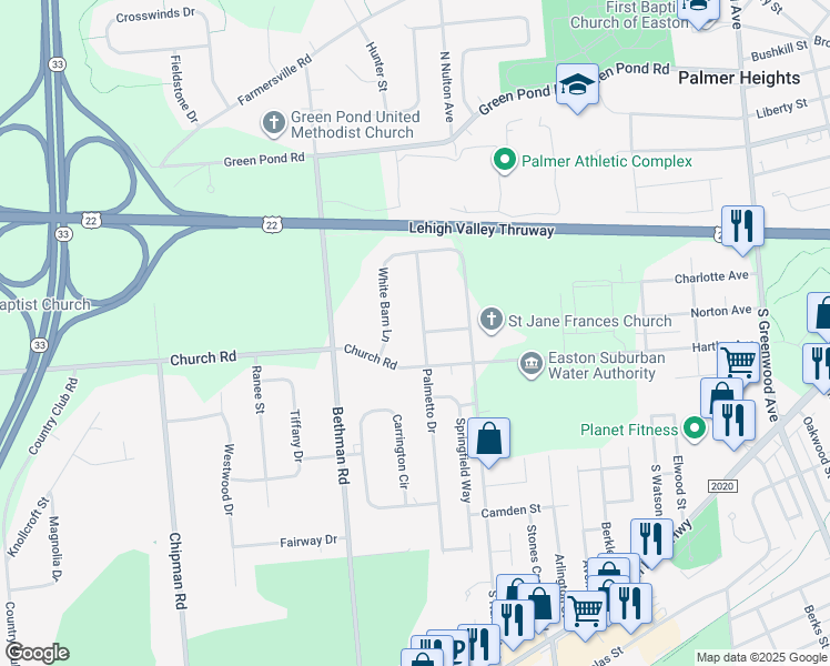 map of restaurants, bars, coffee shops, grocery stores, and more near 310 Palmetto Drive in Easton