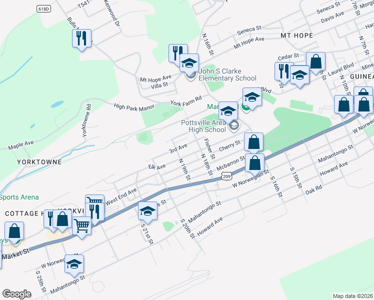 map of restaurants, bars, coffee shops, grocery stores, and more near 1813 3rd Avenue in Pottsville